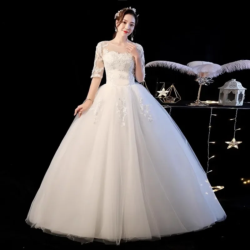 Cheap Wedding Dress White Tulle Embroidery O-neck Half Sleeve Lace up Bling Princess Floor-length Plus size Bride Ball Gown N117