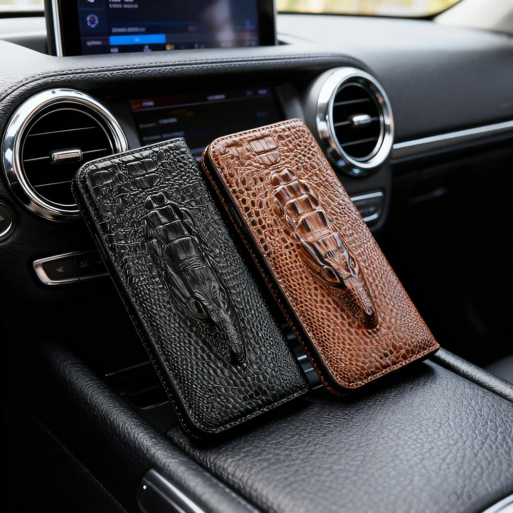 

Чехол-книжка из натуральной кожи с головой крокодила для Redmi K80 K70 K70E K60 K60E K50 K50i Pro Ultra Gaming Магнитный чехол для телефона