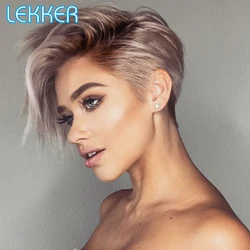 Lekker Clearance Short Pixie Cut Lace Part 100% Human Hair Straight Bob Wigs With Bangs For Women Brazilian Remy Hair Glueless