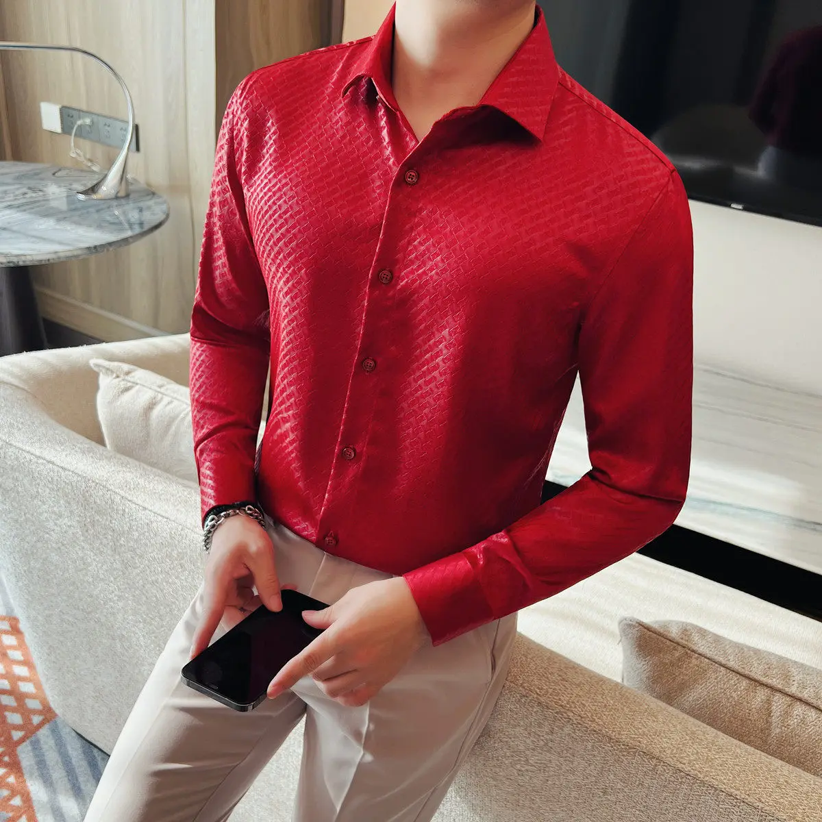 High Quality Gold Shirt Men's Long Sleeved Pointed Neck Business Casual Formal Shirt Versatile No Ironing Shirts Men Clothing
