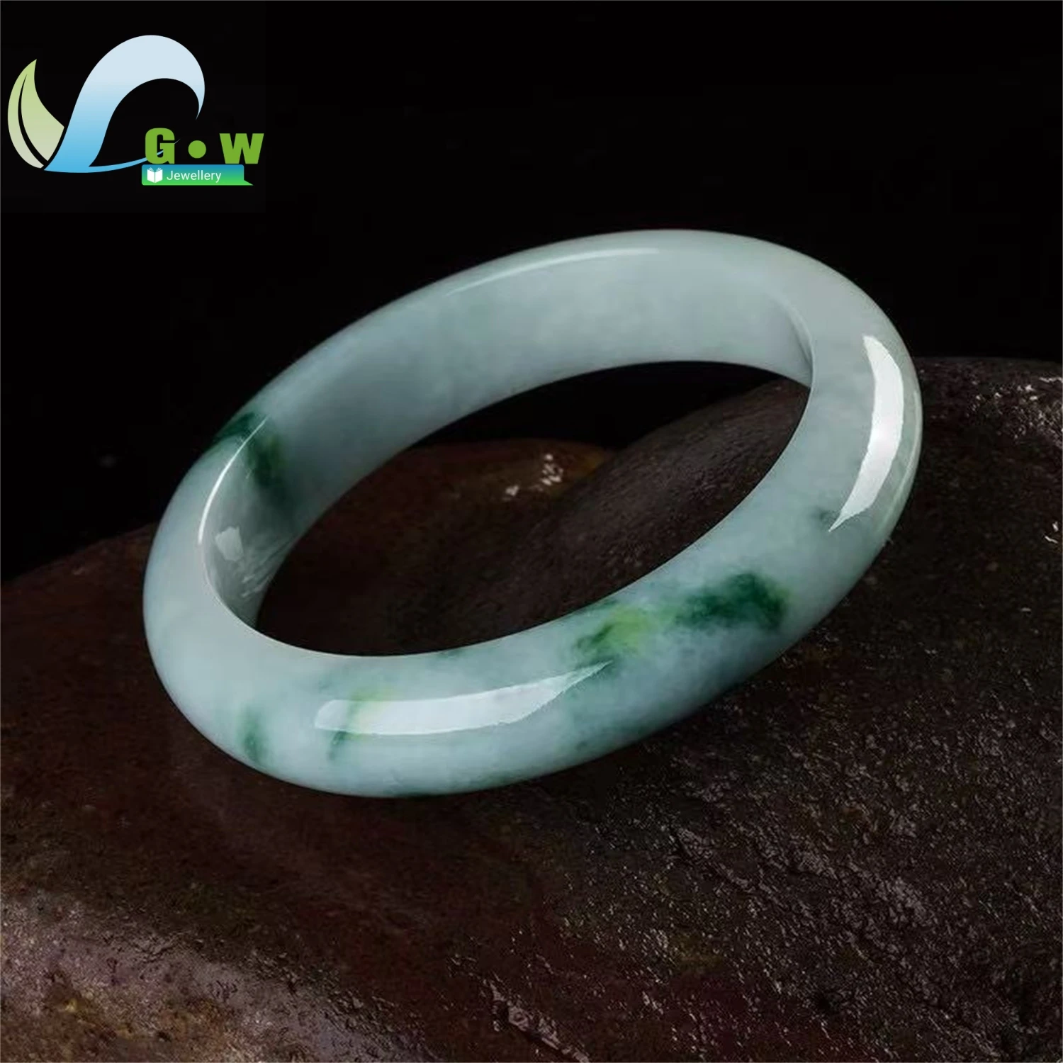 Natural A Grade Icy Glutinous Blue Floral Jadeite Bangle Medium Width Women's Daily Classic Minimalist Style Jewelry Gift