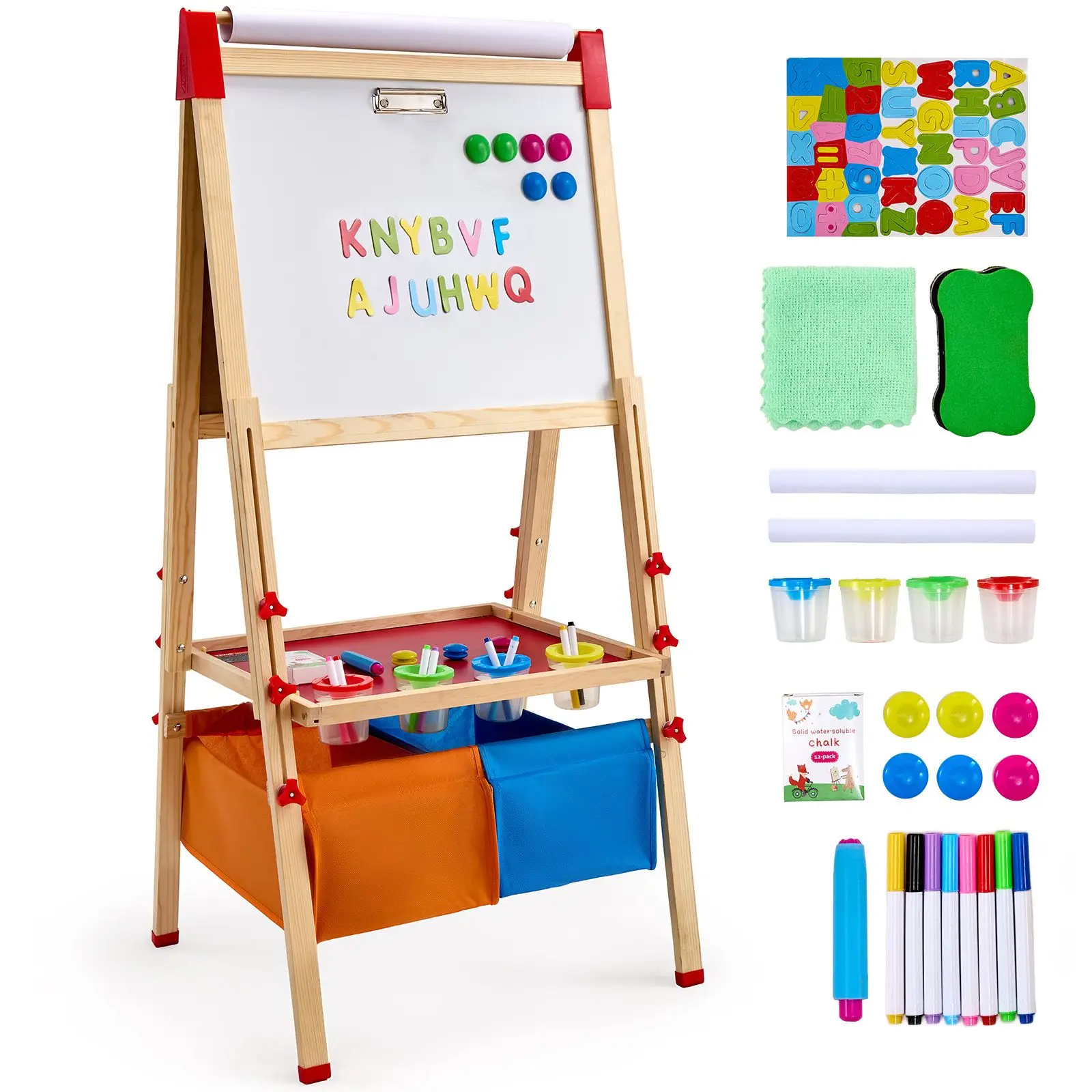 Art Easel for Kids, 3-in-1 Wooden Double-Sided Kid's Art Easel with Magnetic Whiteboard, Chalkboard, Paper Roll, Adjustable Standing Drawing Board with Painting Accessories, Storage for Boy Girl