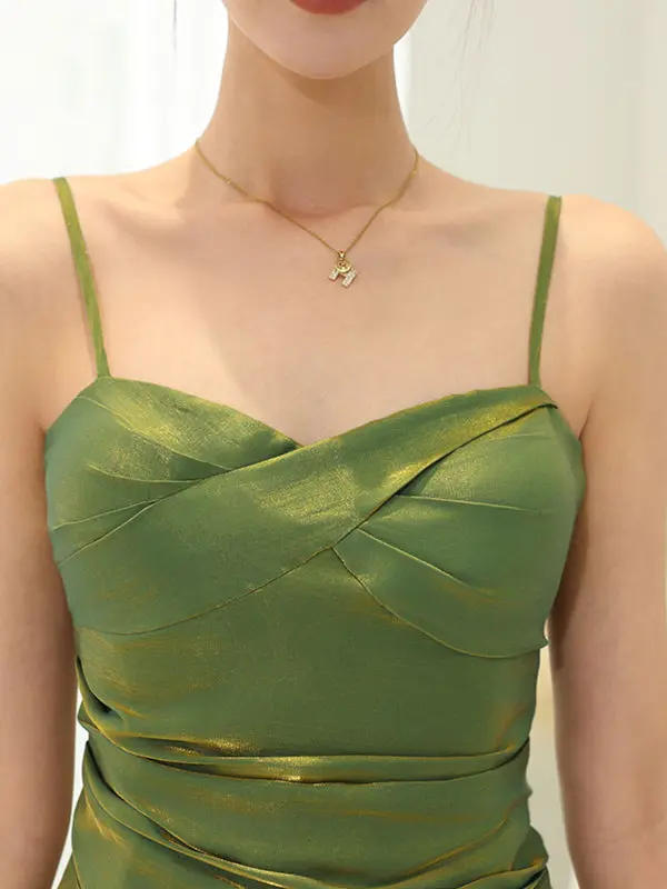 فساتين بحمالات خضراء بدون أكمام لصيف 2025 فستان سهرة طويل فرنسي أنيق فاخر وكشكش مقسم بذيل السمكة النحيف للنساء #5