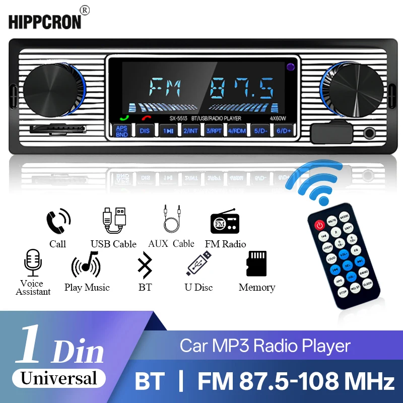 Hippcron 1 DIN Autoradio Stereo Digitaler MP3-Player Bluetooth FM USB TF Musik Freisprecheinrichtung Einbau AUX-Eingang 12V ISO-Stromversorgung