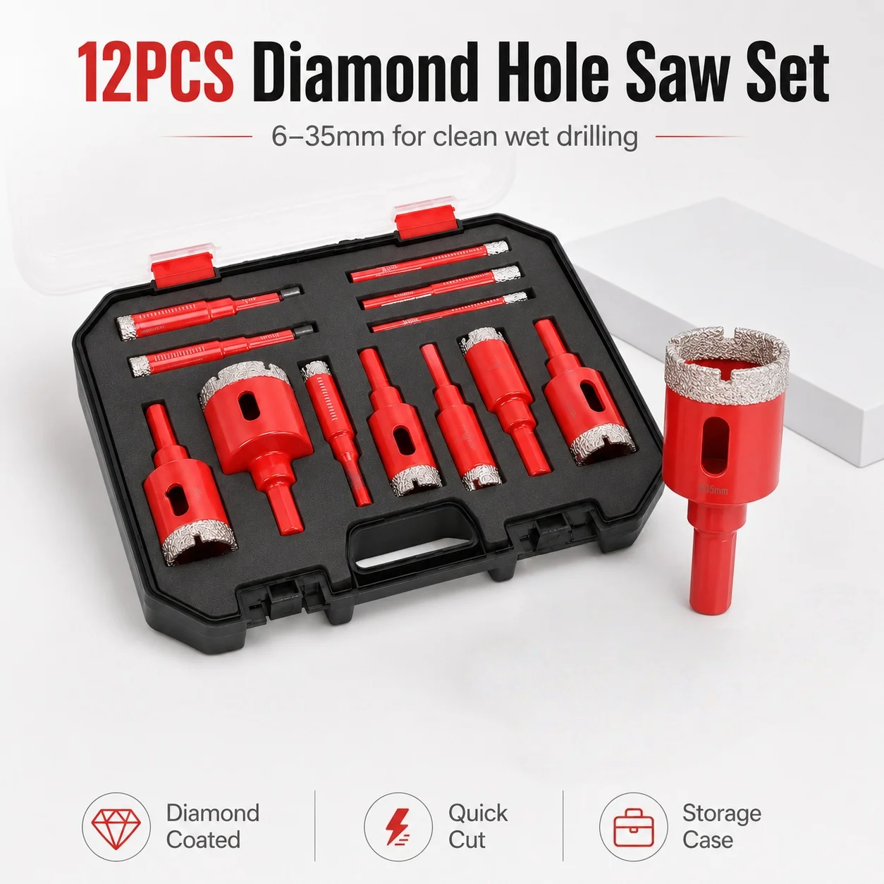 Tile Diamond Core Drill Bit Set with Plastic Case 6‑35mm 12Pcs Hole Saw for Marble Granite Glass Work
