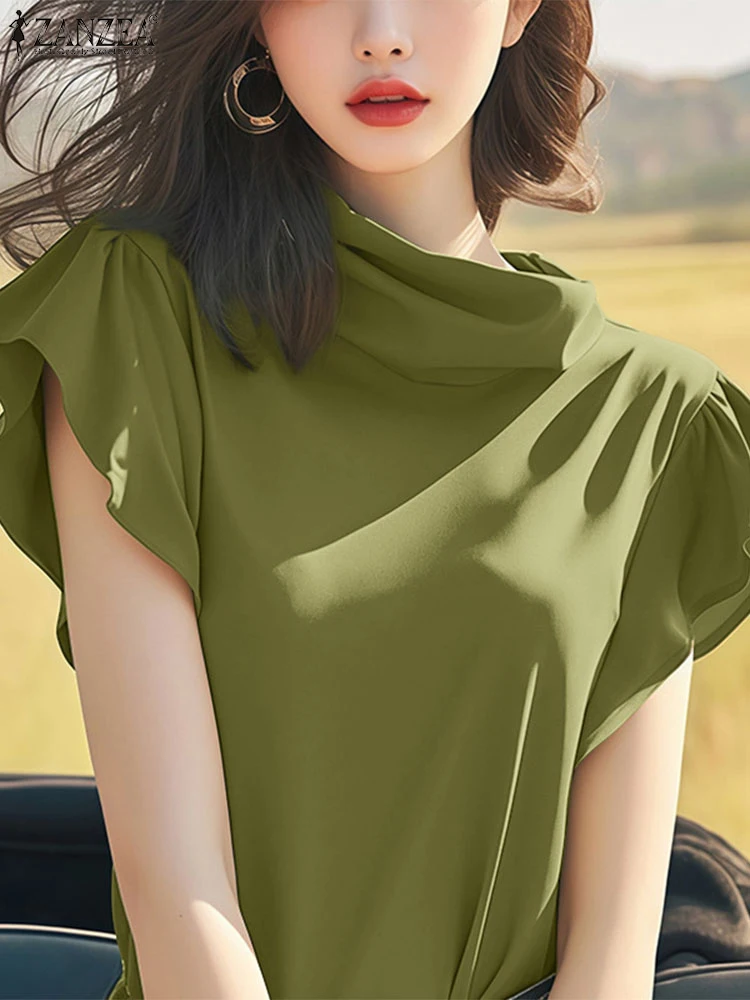 

ZANZEA уличные модные блузки женские элегантные шикарные ворсовые воротники с рюшами и короткими рукавами однотонные Blusas Mujer 2023 летние уличные топы