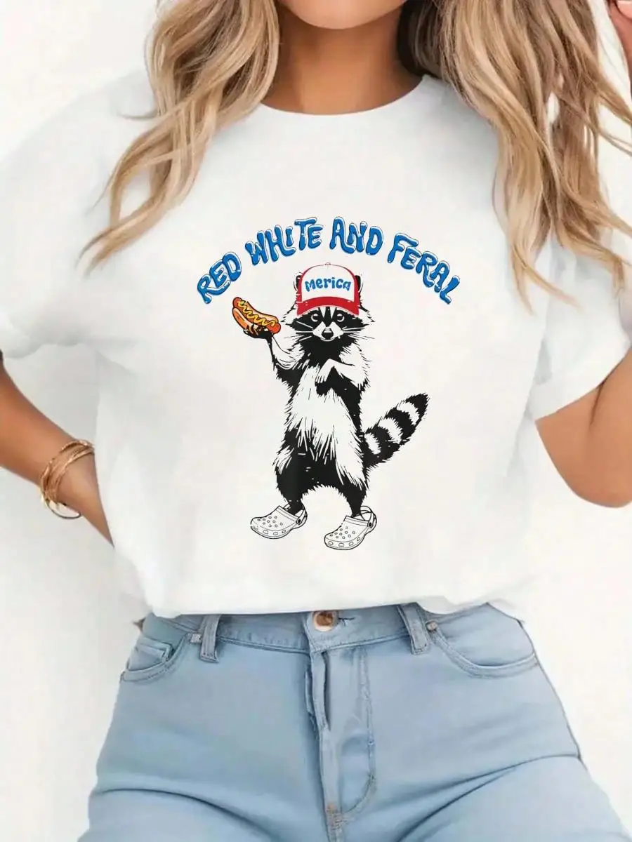Funny Raccoon 4th Of July Patriotic Cute Red White And Feral T-Shirt Print T-Shirt Casual Crew Neck Short Sleeve Comfort Tee Top For Spring Summe
