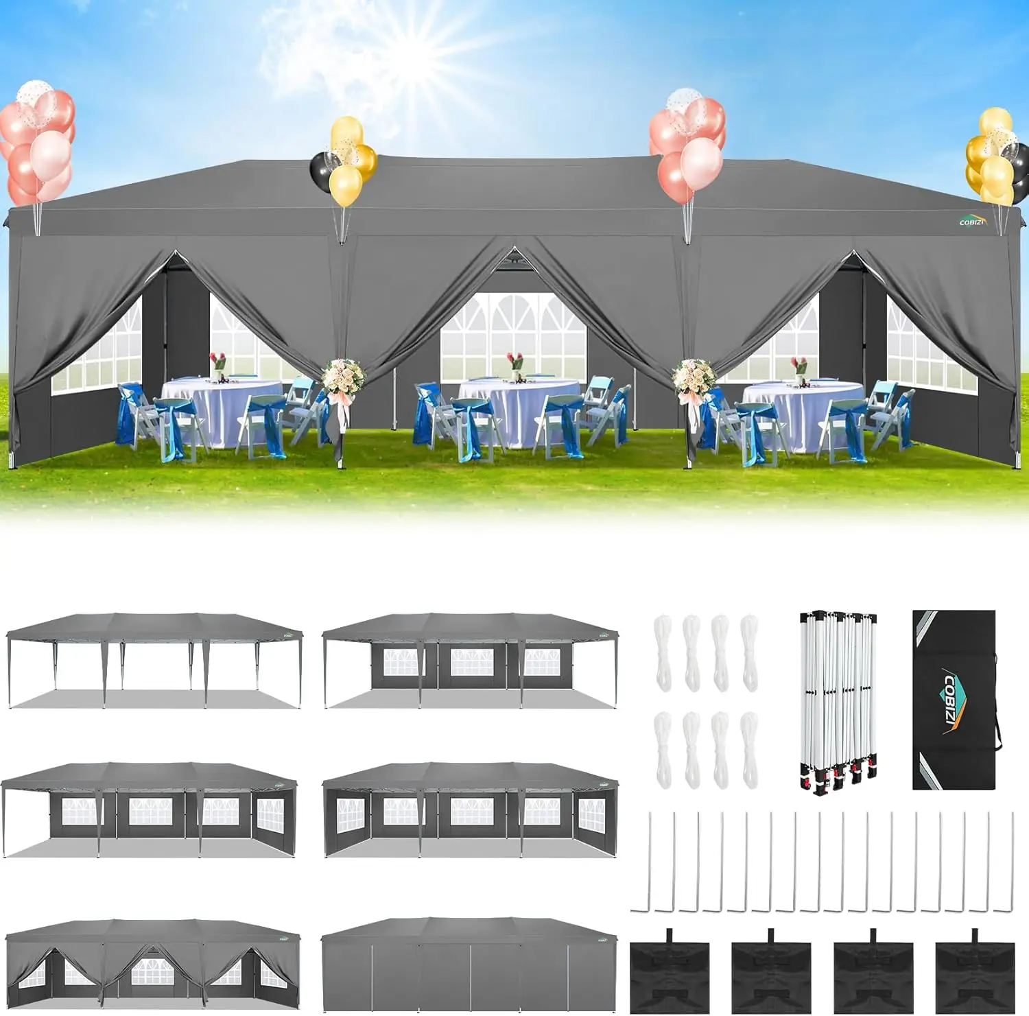 COBIZI 10x30 Canopy Party Tent with 8 Walls 10x30 Pop Up Tent for Parties Waterproof UPF 50+ Outdoor Commercial Event Tent