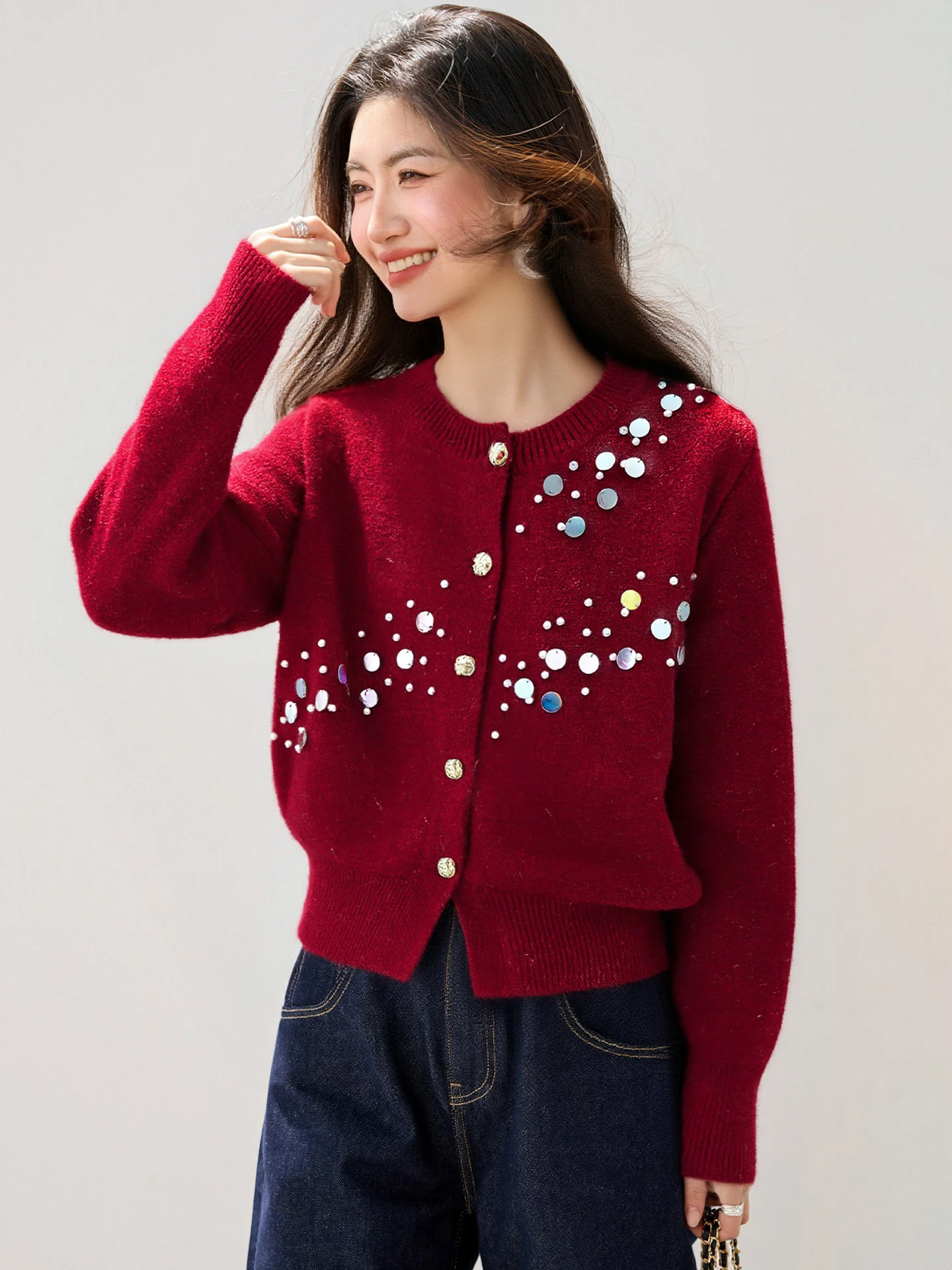 

Soft Knitted Sequin Open Cardigan Trendy Design Sweet Top for Women Autumn Winter New Arrival Sweater Jacket F523