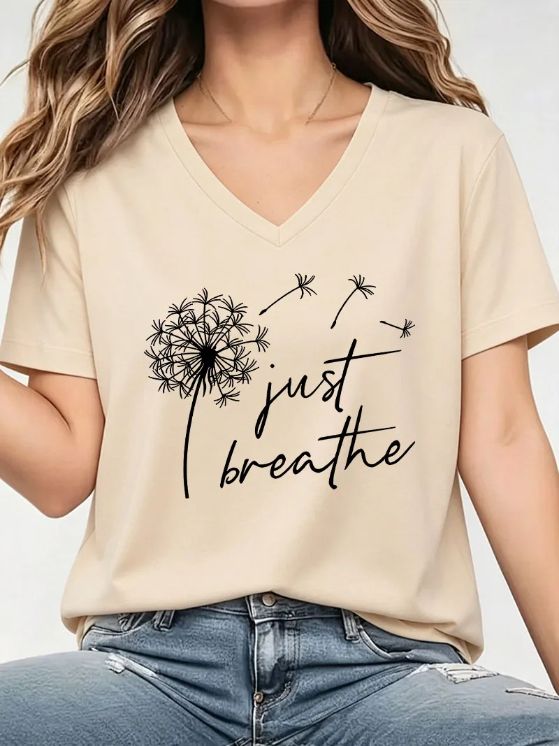 Fashion Just Breathe Dandelion T-shirt V Neck Casual Y2k T Shirts Women Short Sleeve Tee Shirt V-Neck Summer Spring