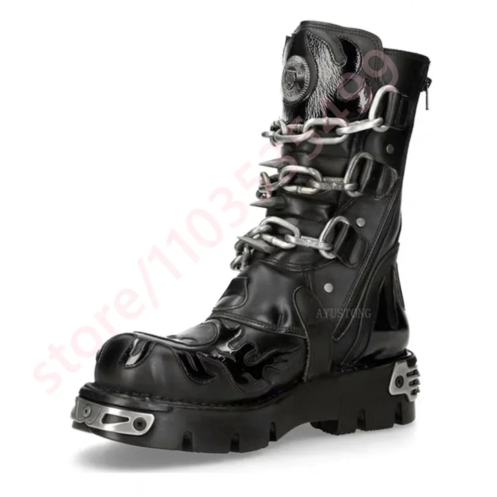 

Punk Chain Rivet Belt Buckle Motorcycle Boots 2025 New 35-45 Fashion Party Casual Thick Sole Boots Street Rock Round Short Boots