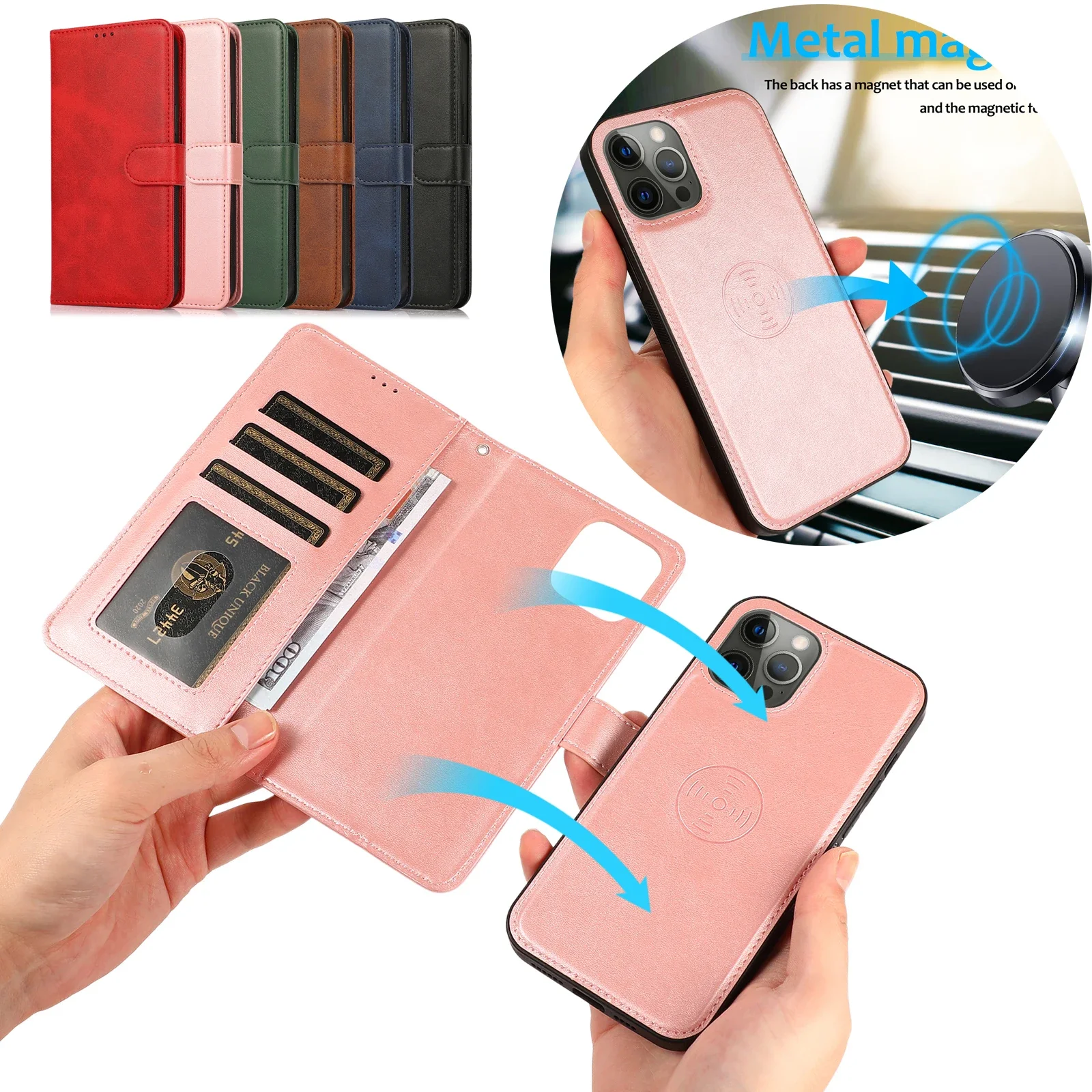 Funda tipo billetera de cuero con tapa magnética 2 en 1