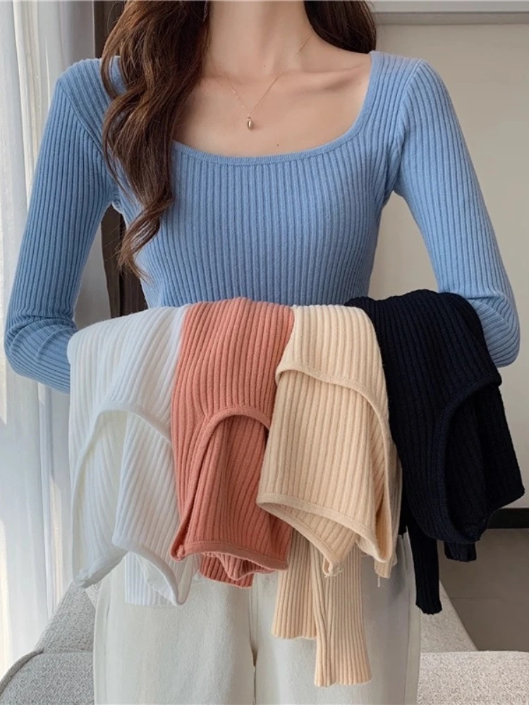 

Женские базовые однотонные пуловеры с квадратным вырезом, высококачественный облегающий повседневный вязаный свитер, осень-зима, базовый слой с длинными рукавами, топы