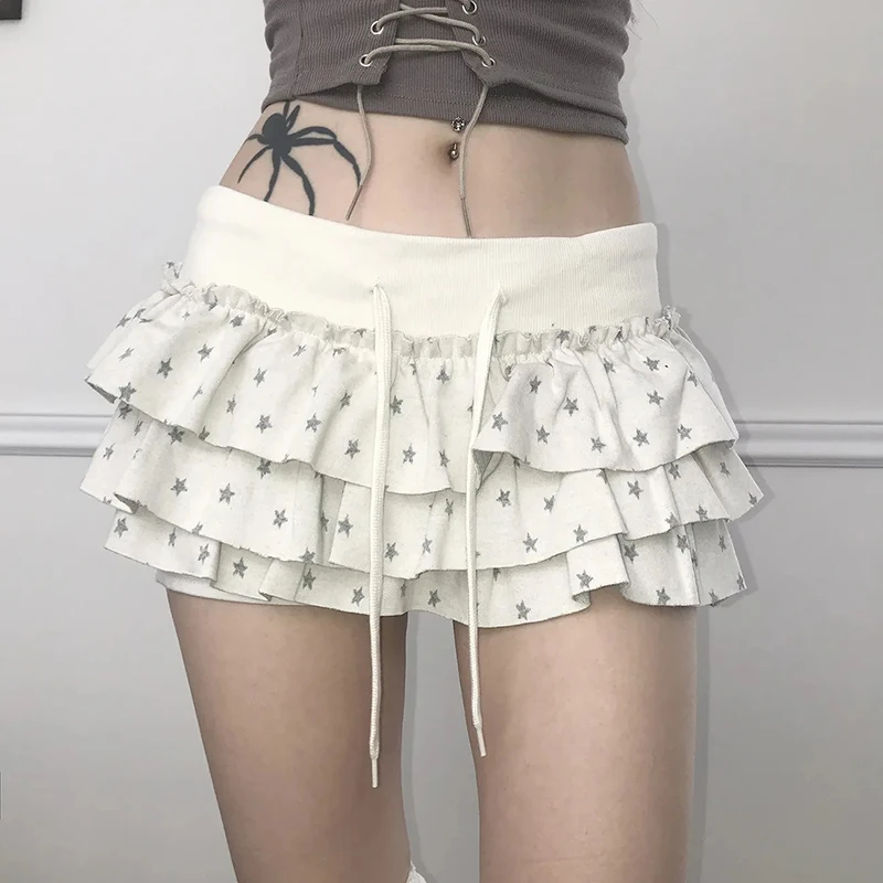 Y2K Streetwear Mini Skirt Women Sweet Star Print Lace Up Harajuku Skirts Female Korean Kawaii Casual A Line High Waist Skirt New