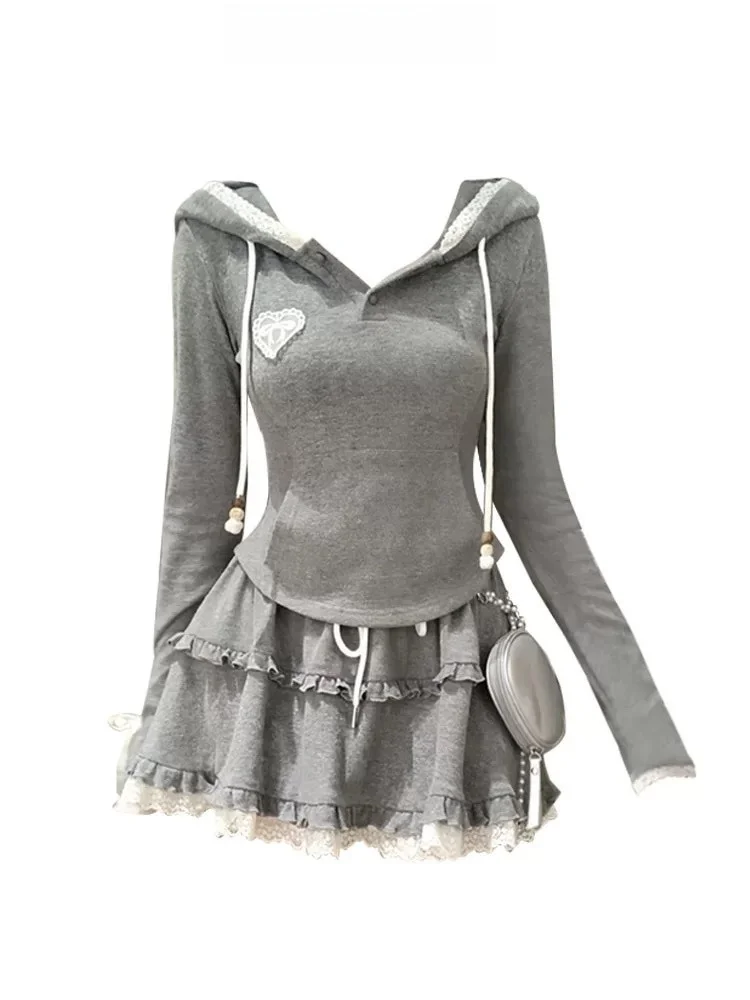 

ey Hoodie Casual Sportswear Set Women Spring Slimming Puffy f-length Skirt Two-piece Set Sweet Sle High Waist A-line S...