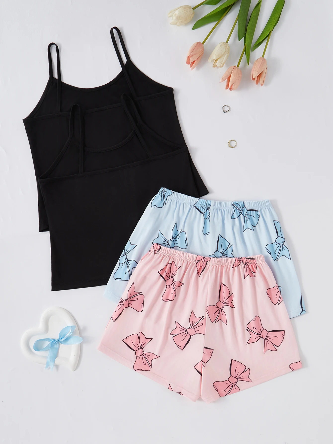 A new style of soft and breathable two-piece set for women, featuring a halter top, shorts, bow print, cute pajama set, and casu