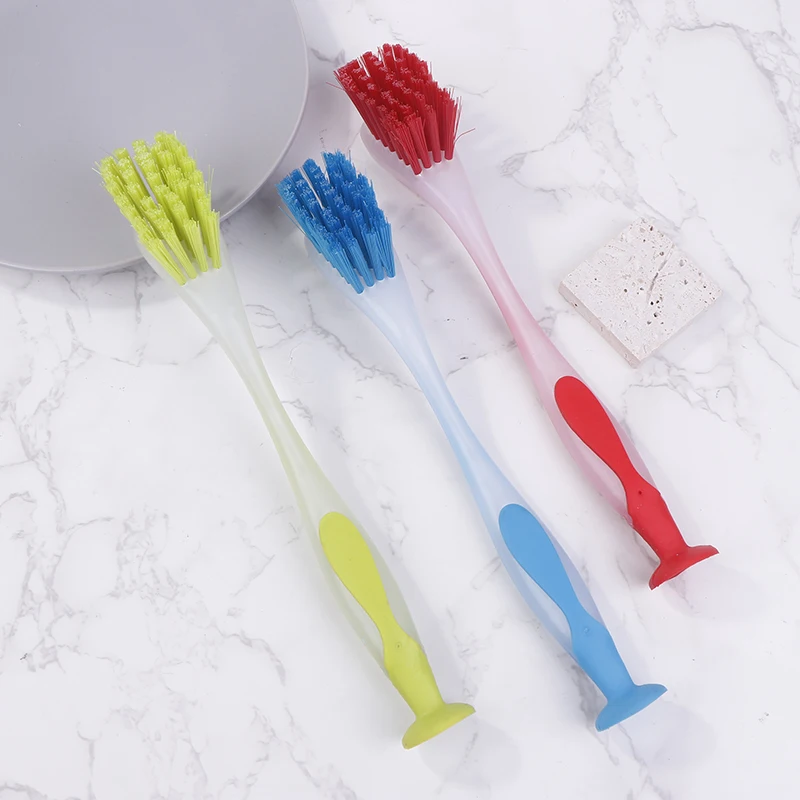 1pc Pot Cleaning Brush Vertical Multifunction Kitchen Suction Cup Type Sink Cleaning Scrub Brush Plastic Long Handle