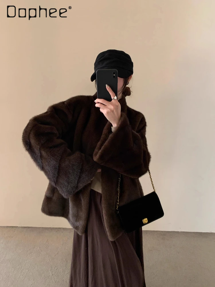 Abrigo de felpa de piel ecológico con cuello levantado elegante, abrigo de longitud media grueso de piel de oveja de imitación de tendencia coreana Ins para invierno