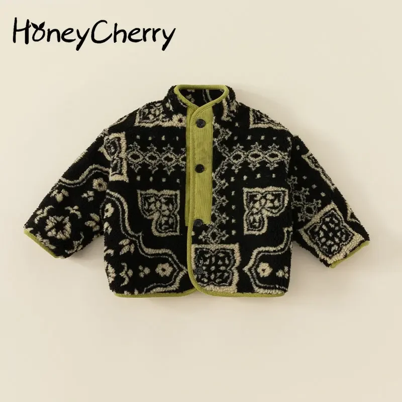 HoneyCherry Winter Vintage Boys and Girls Floral Print Thickened Cotton Jacket Children\'s Fashion Graffiti Warm Coat