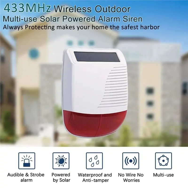 【PRECIO CALIENTE!】Solar Powered 433Mhz inalámbrico al aire libre estroboscópico Flash sirena luz impermeable para sistema de alarma antirrobo de seguridad para el hogar
