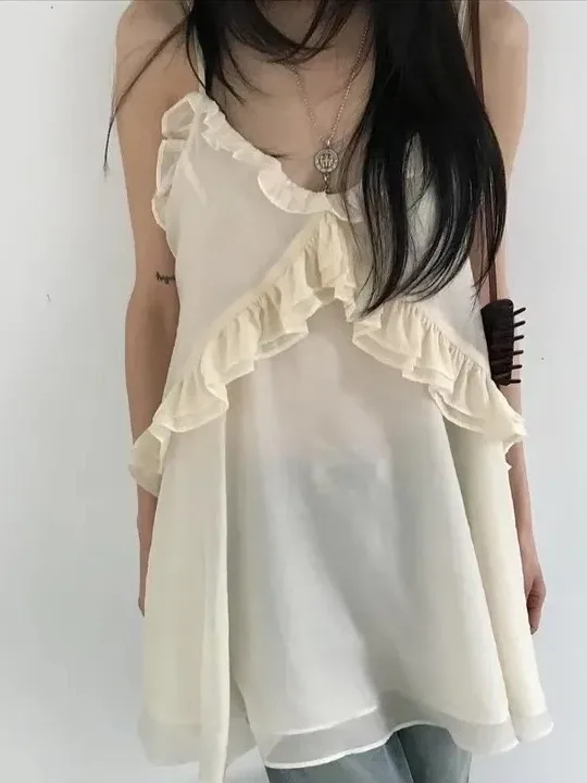 달콤한 한국 스타일 여름 신상 여성 오프숄더 민소매 러플 디테일 섹시 탑