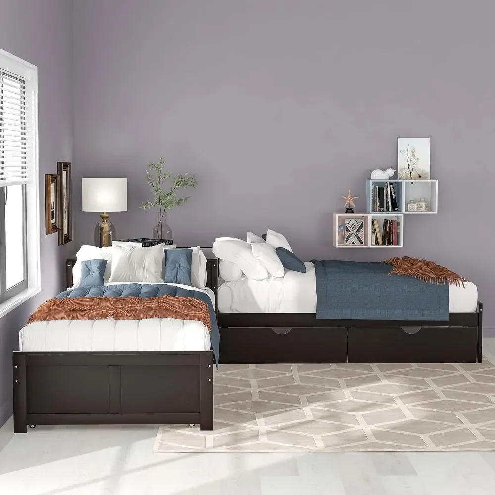 Cadre de lit d'angle double en forme de L avec portes de rangement, connecté au bureau intégré, cadre de lit à plateforme double en bois avec roulettes