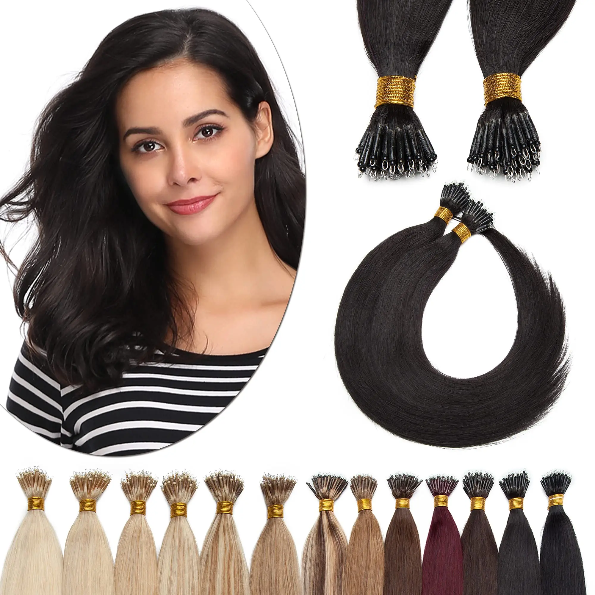 وصلات شعر بحلقة نانو 100% لحمة شعر بشري مستقيمة مع خرز صغير للتثبيت الآمن غير المرئي #1