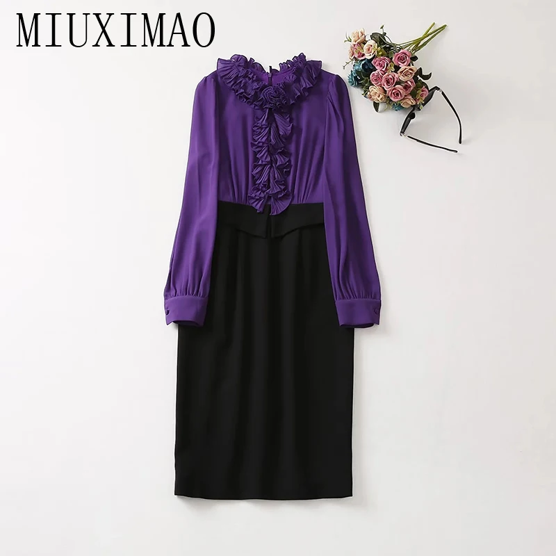 

MIUXIMAO 2022 High Quality Autumn&Winter Elegant Dress Long Sleeve O-Neck Applique Patchwork Fashion Mini Dress Women Vestide