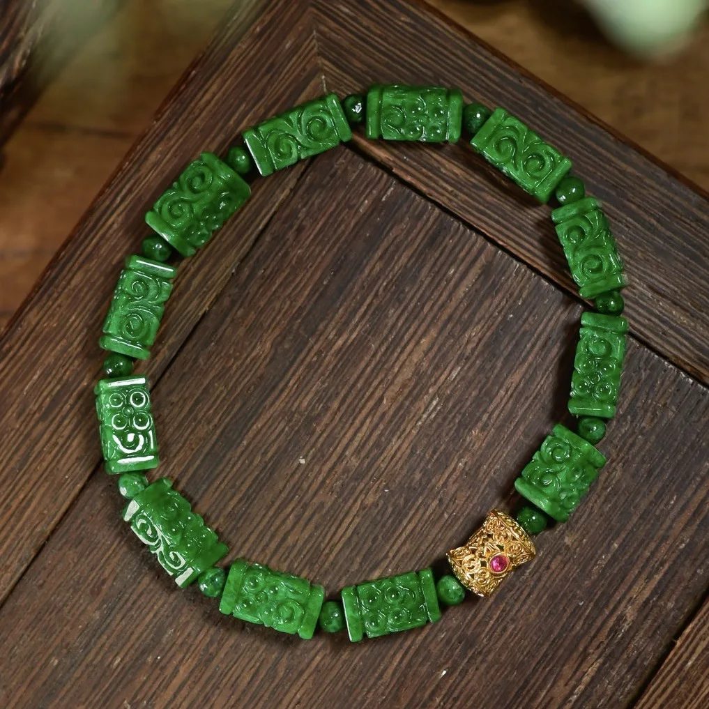 Natural A‑Grade Vivid Green Dry‑Green Jadeite Carved Square Column Bracelet,18K Gold Accent Chinese Style Bracelet for Women