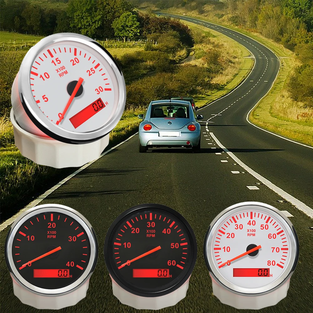 RHAXEL 85mm (3 3/8'') Tachometer Tacho Gauge 3000 4000 6000 8000 RPM for Tractor UTV ATV Boat with Red Backlight 12V 24V