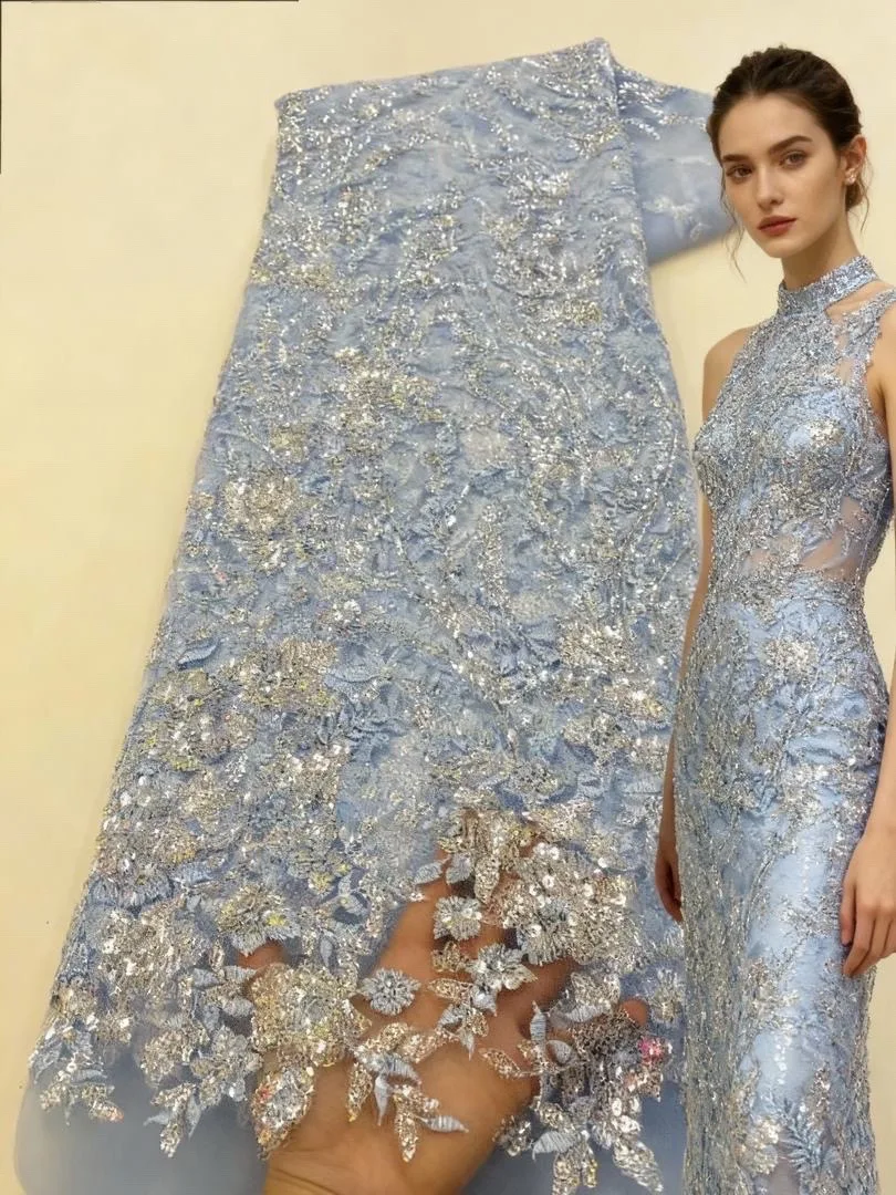 Himmelblauer afrikanischer Pailletten-Spitzenstoff 2025, hochwertige Spitze, Stickerei, nigerianischer Netzstoff, Französisch, für Frauen, Hochzeit, Party, Kleid