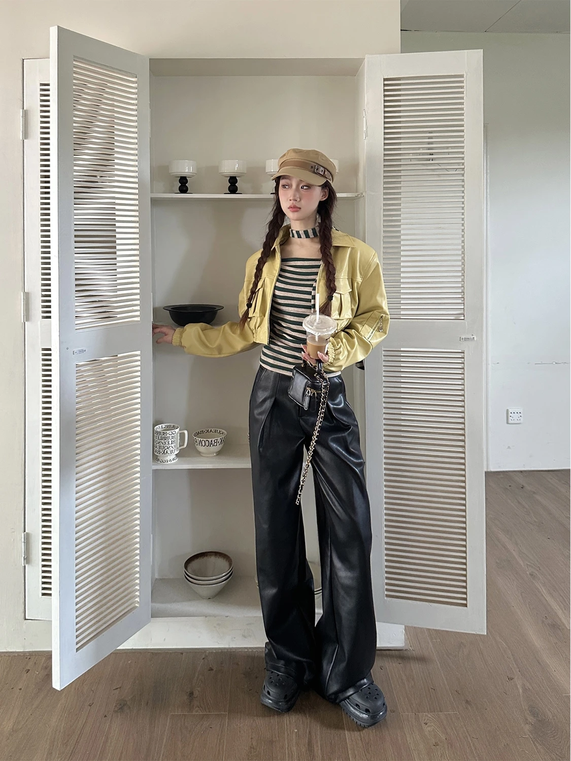 

Широкие кожаные брюки Bla для женщин: повседневные, свободные, прямые, стройнящие, в корейском стиле, длинные брюки для офиса