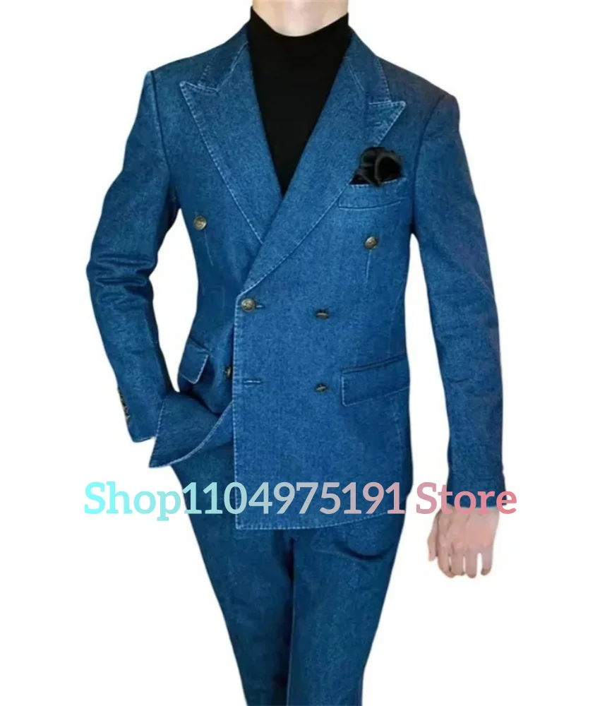 عالية الجودة مزدوجة الصدر الأعمال عادية الراقية الأزرق الدنيم الرجال دعوى قطعتين مجموعة (السترة + السراويل) الرجال المرحلة زي #2