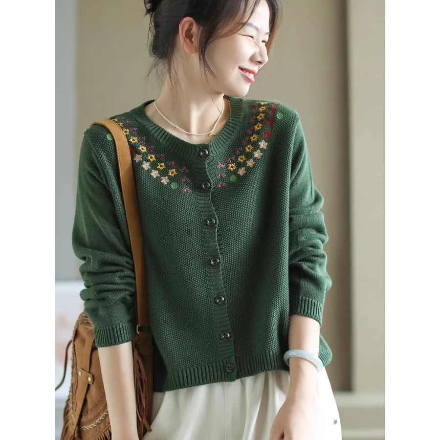 

Retro Embroidered Knitted Cardigan Women's Single Button round Ne Long Sve Sweater Pure Color Casual Top for Early Autumn
