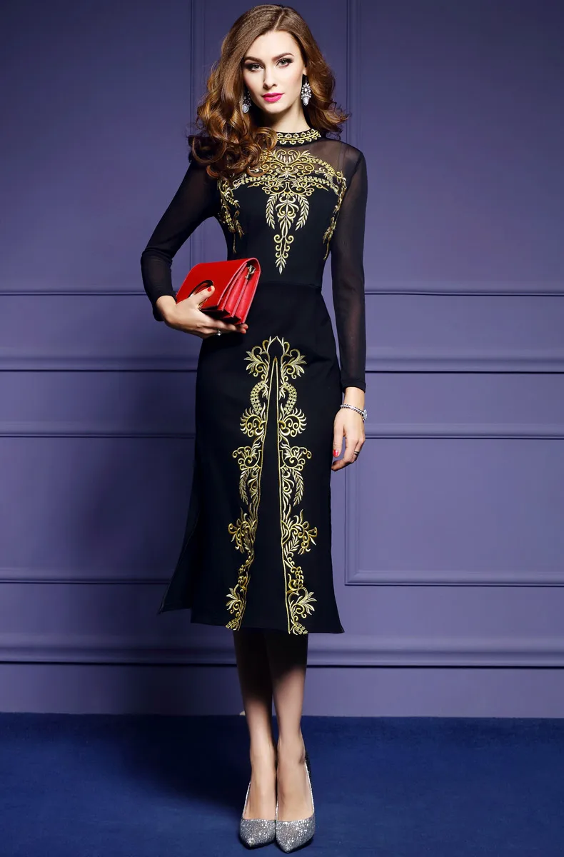 

Women Autumn Luxury Embroidery Dress Festa Female Elegant Black Retro Robe Femme High Quality Designer Mesh Vestidos