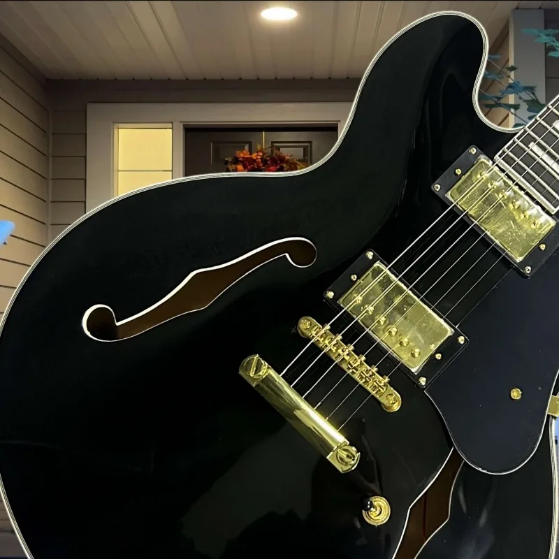 Black Semi Hollow 335 Electric Guitar HH Pickups Crisp Bright Twangy Tone Floating Bridge Independent Pickup Plate Rock Style
