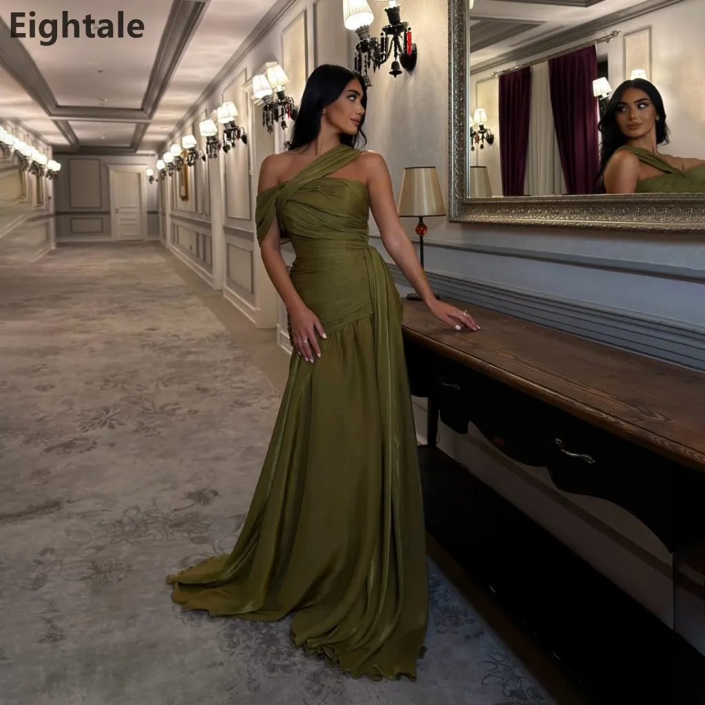 

Eightale 2025 One Shoulder Green Silk Chiffon Maxi Evening Dress Formal Prom Dress Dubai Wedding Party Gown Customized