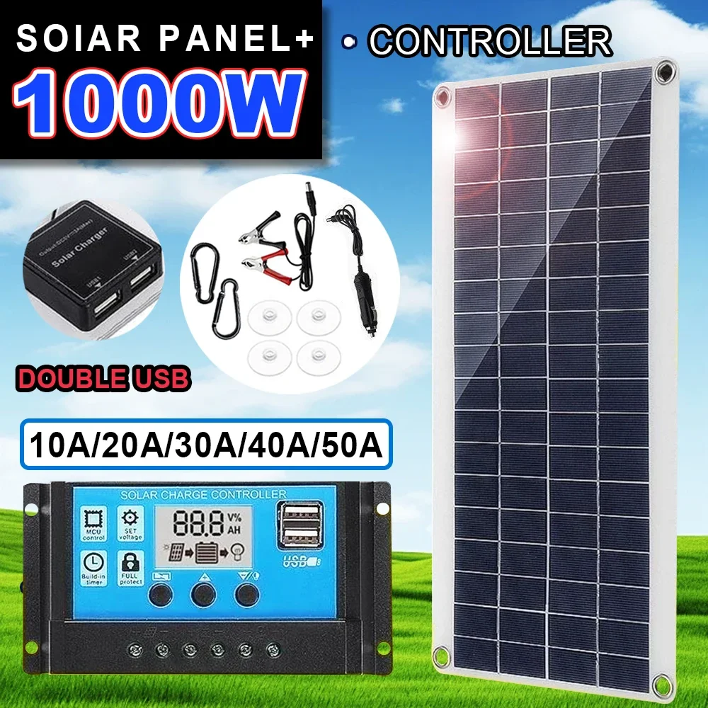 1000W Solar Panel 12V Solar Cell 10A-100A Controller Solar Plate Kit for Phone RV Car Caravan Home Camping Outdoor Battery