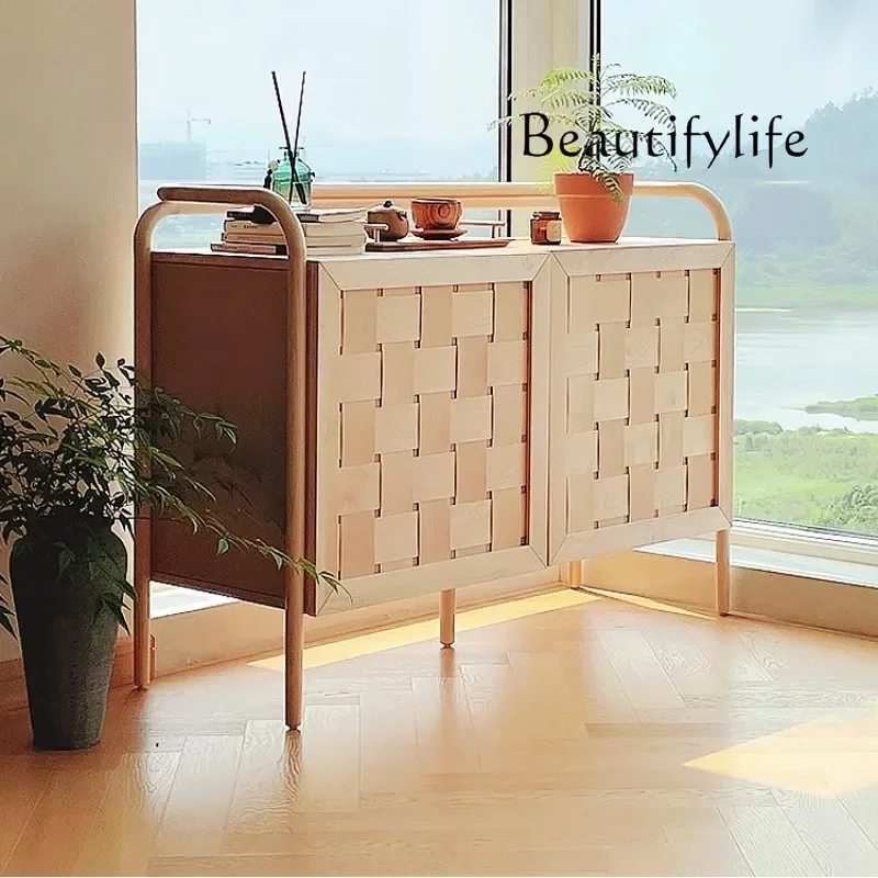 

1PCS Nordic simple solid wood braided rattan storage log color dining side cabinet Nordic style multi-functional storage