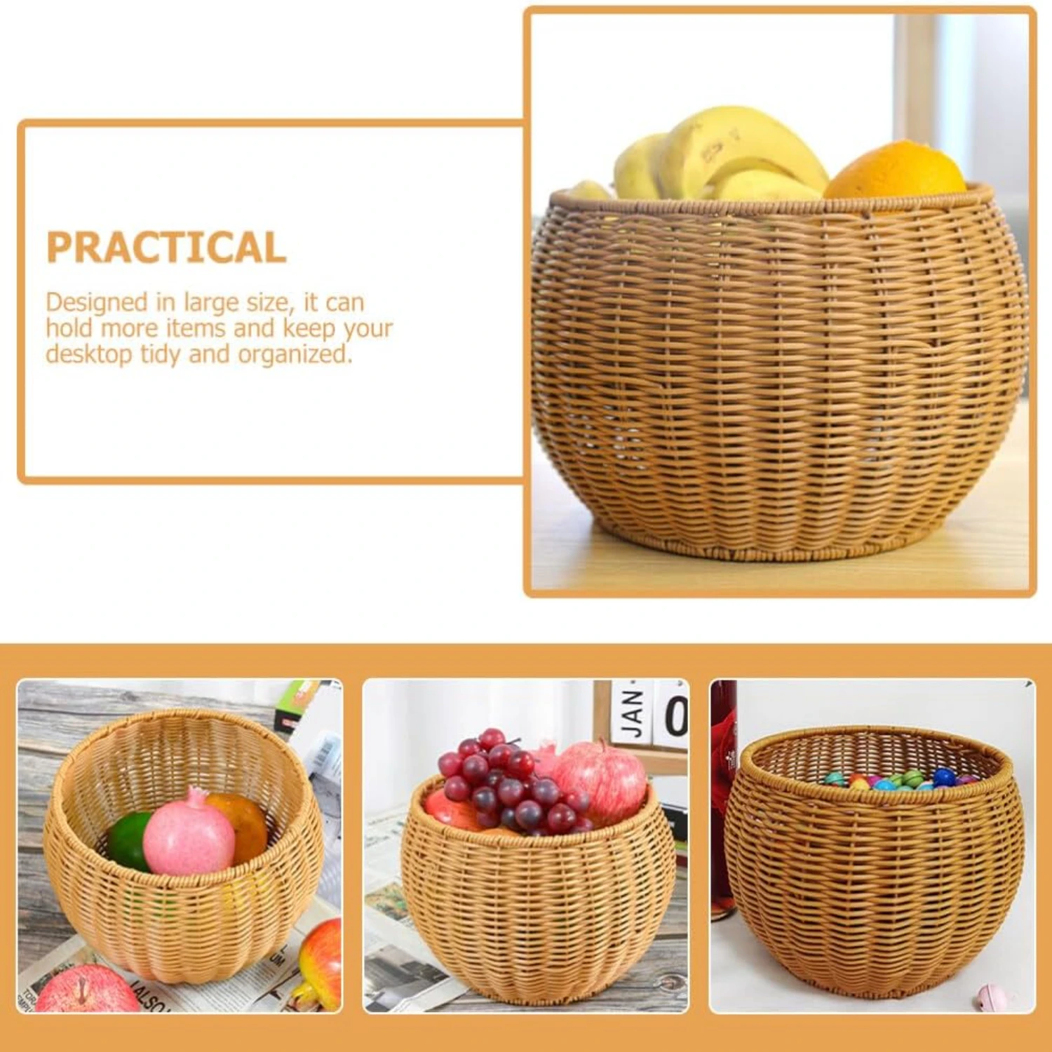 Elegant Vintage Handwoven Rattan Round Fruit Serving Basket - Exquisite and Beautiful Wicker Organizer for Kitchen Ornaments - S