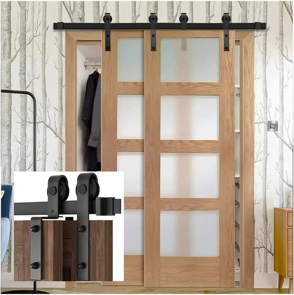 4-16Ft Sliding Bypass Barn Door Hardware Slides Kit Sliding Door Hanging Track System J-Shaped Roller Rails For Double Door