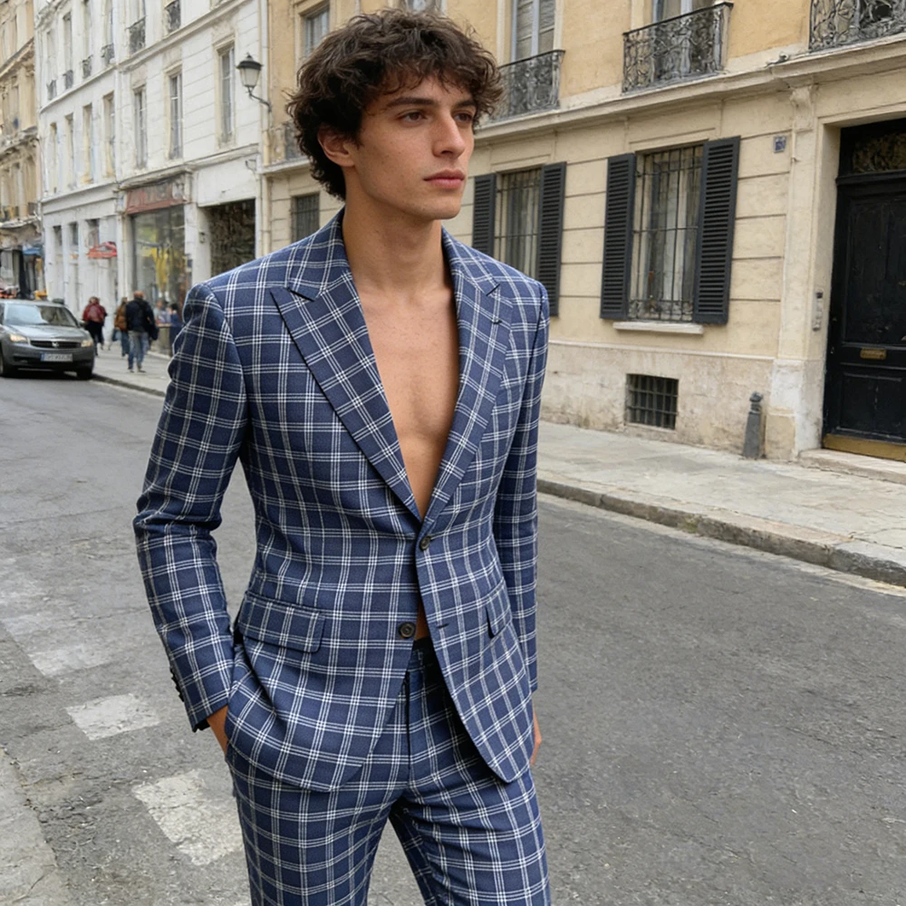 

Мужской классический костюм в клетку 2026: Элегантный приталенный пиджак с разрезом сзади и брюки стандартной длины, комплект из 2 предметов (пиджак и брюки)