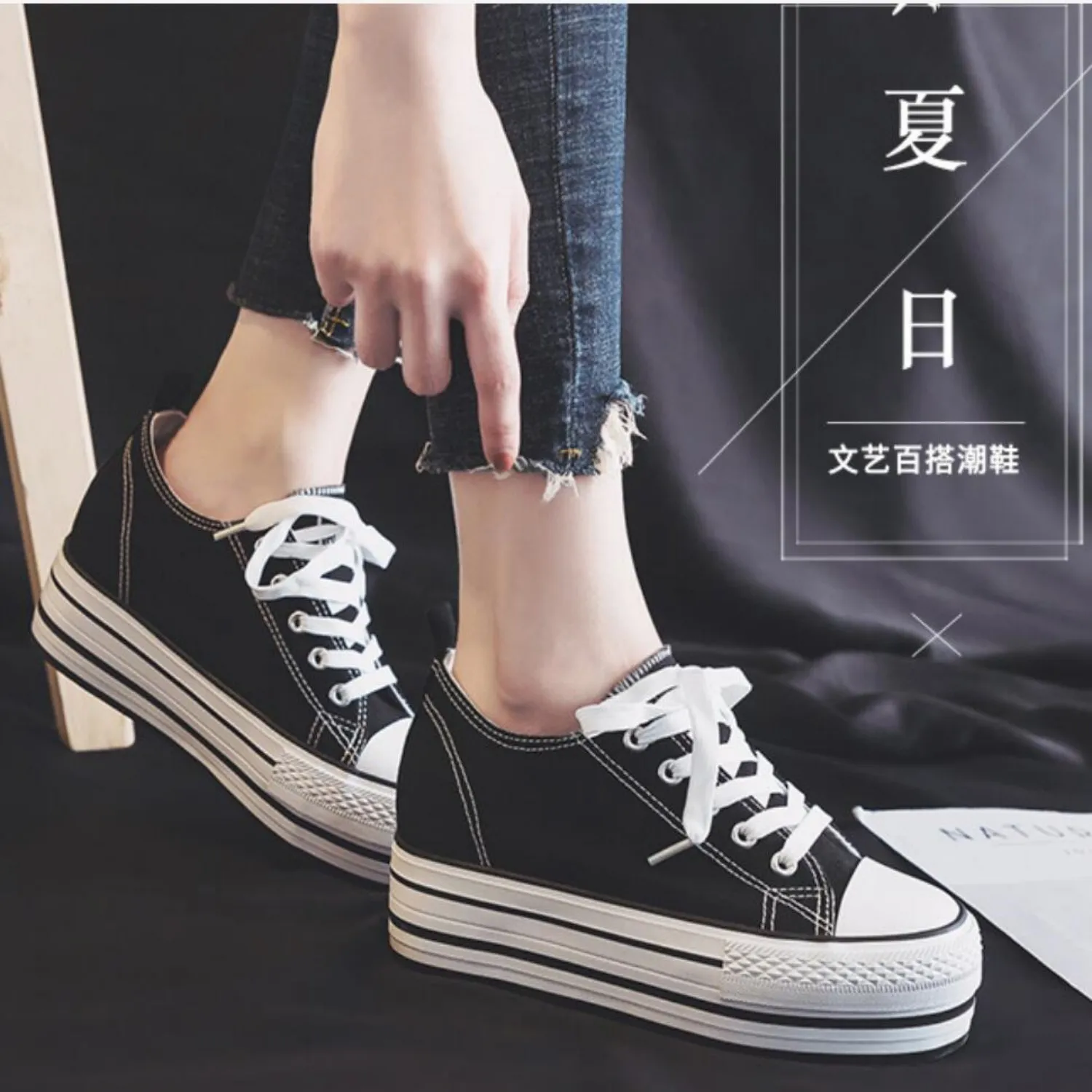 2024 Women Height Increasing 8CM Sneakers Breathable Skateboard Canvas Shoes Fashion Lace Up Platform Casual Trainers Sneaker