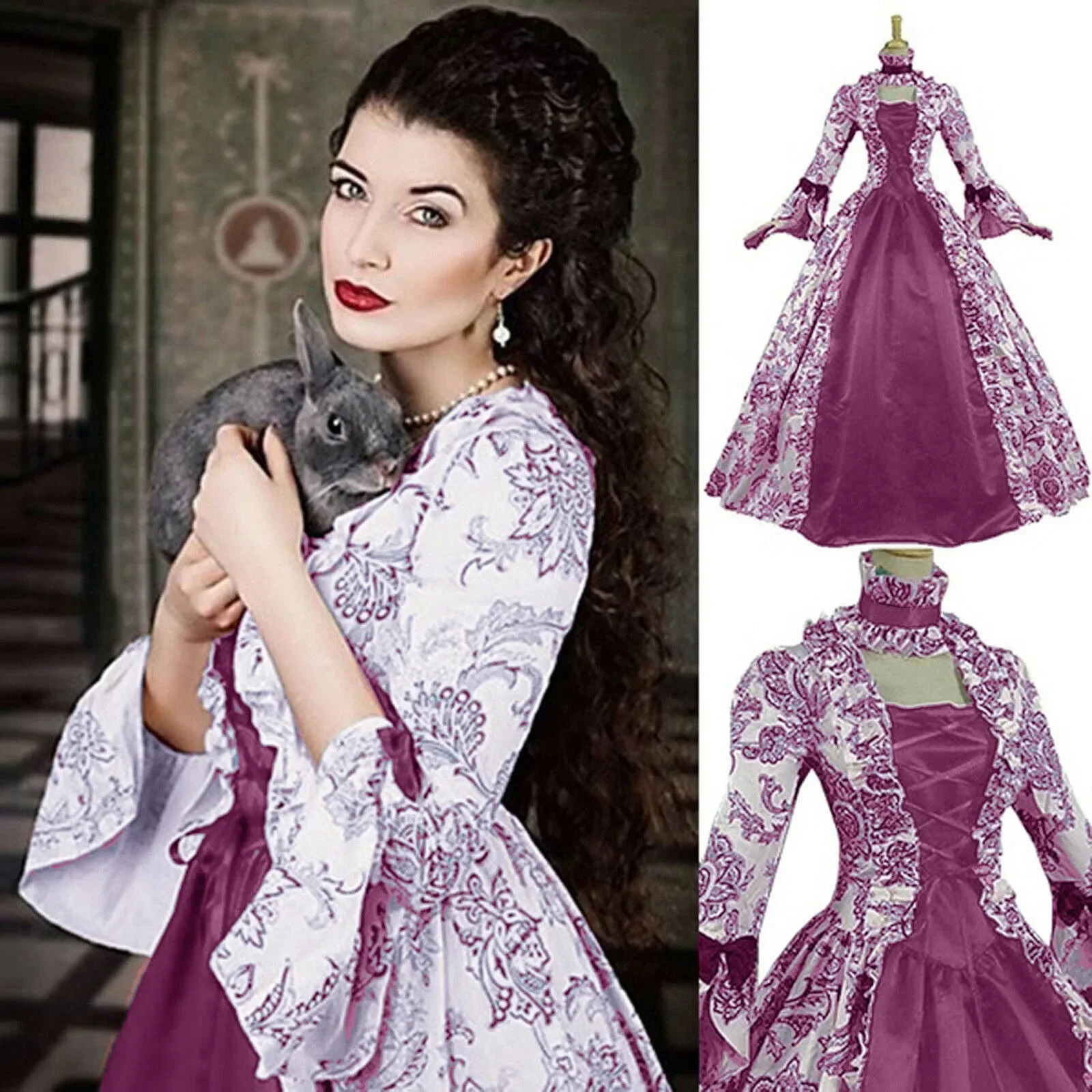 المرأة القرون الوسطى مشد للفستان الكشكشة القوس خمر فستان ماكسي الفيكتوري الأزهار الجاكار الجنية فستان طويل ملابس تنكرية للحفلات #1