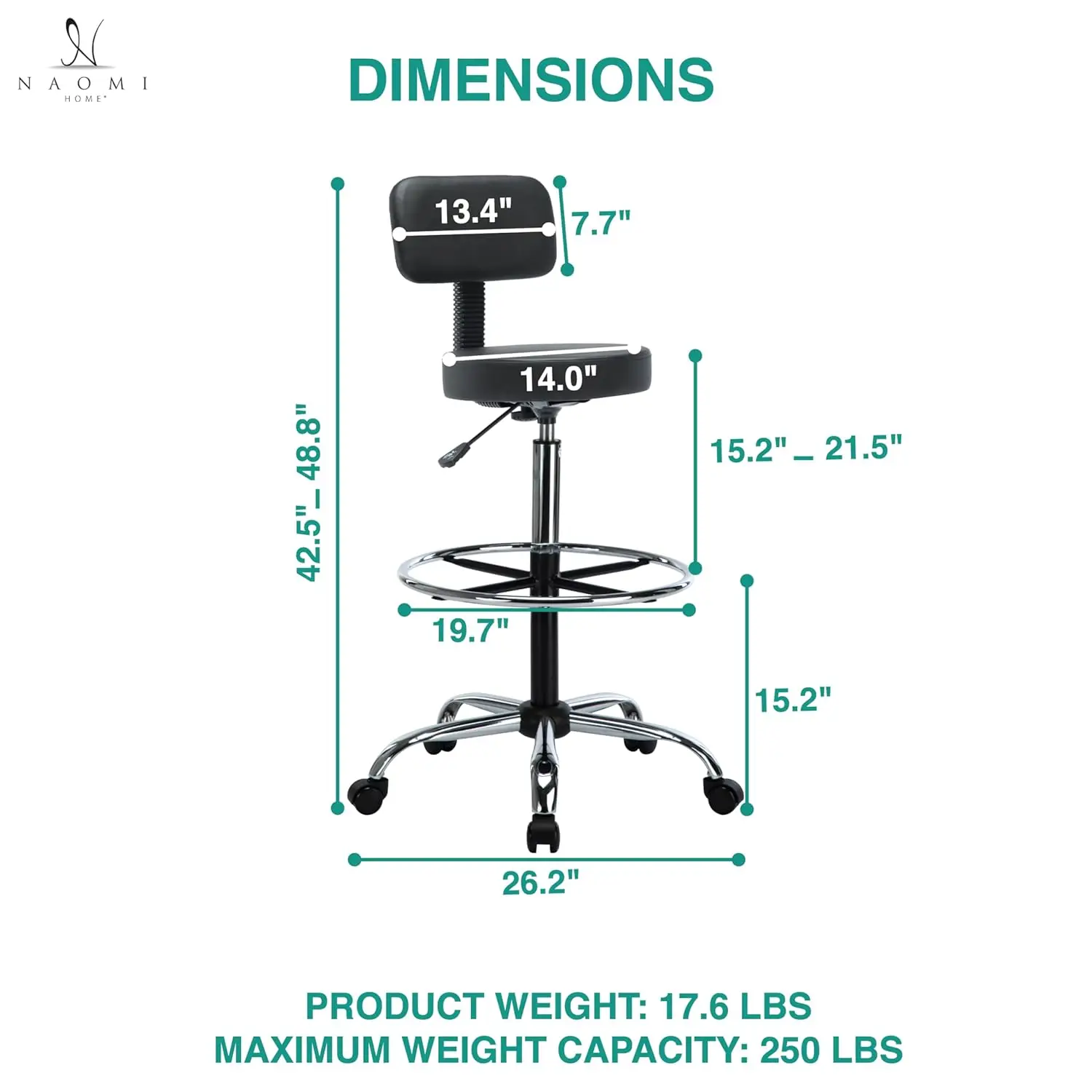 Upgrade Your Workspace With Venus Adjustable Drafting Stool - Premium Leather, Rolling Wheels, Adjustable Height, Backrest,