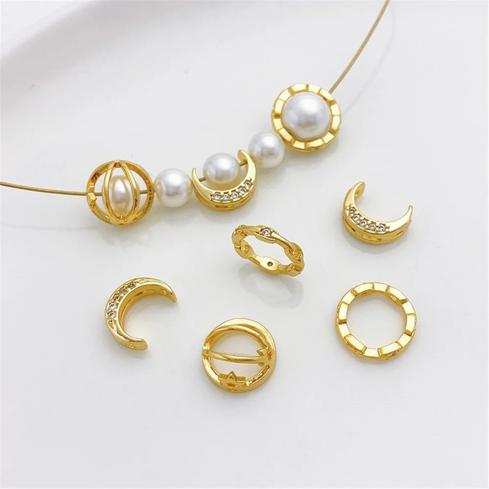 

14K Gold Wrapped Double Hole Zircon Moon Planet Wrapped Bead Ring Half Wrapped Bead Ring DIY Bracelet Necklace Material Q023