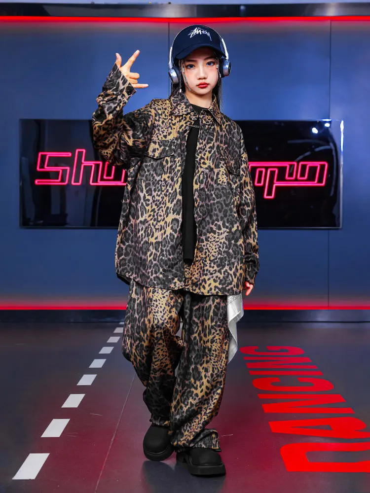 Hip Hop Boys Retro Leopard Print Set K-pop Shirt Tops Pants Child Street Dance Kids Streetwear Girl Group Jazz Clothes