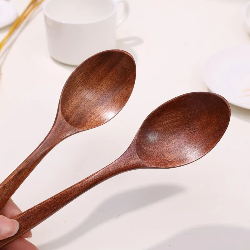 5/1Pcs Japanese Wooden Spoon Long Handle Soup Spoons Round Teaspoon for Coffee Honey Stirring Drinking Porridge Scoops Tableware