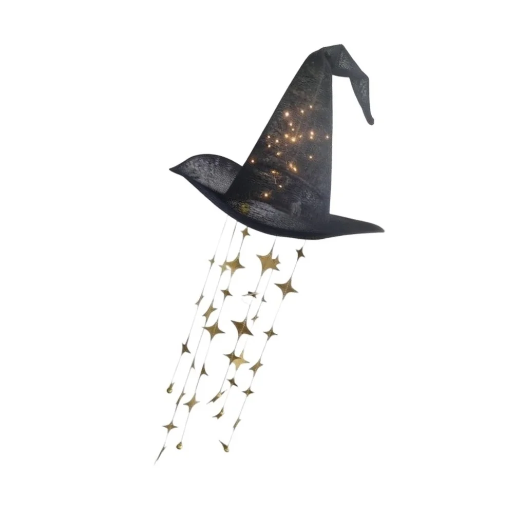 Witch Hat Chime with Light Up LED Effect and Gentle Star Swing for Halloween Indoor Outdoor Decor 48cm Hat 70cm Total