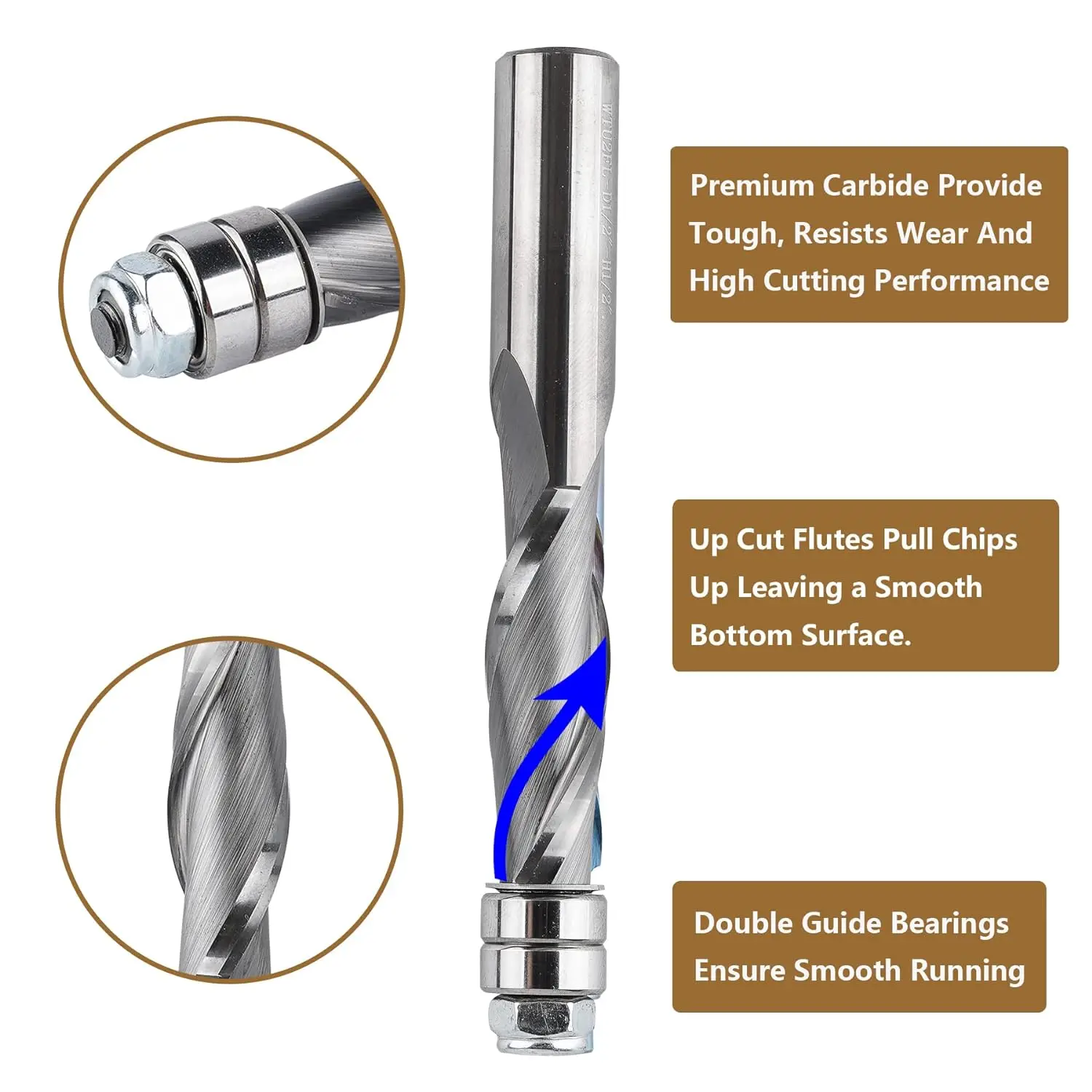 Dreanique 1pc Solid Carbide Bearing Guided Spiral Flush Trim Router Bit 1/4 1/2 Shank CNC UP&DOWN Cut Milling Cutter for Wood